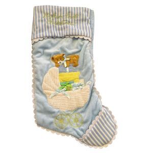 BLUE BABY'S FIRST CHRISTMAS STOCKING Carriage Pram Boys Infant Holiday Decor